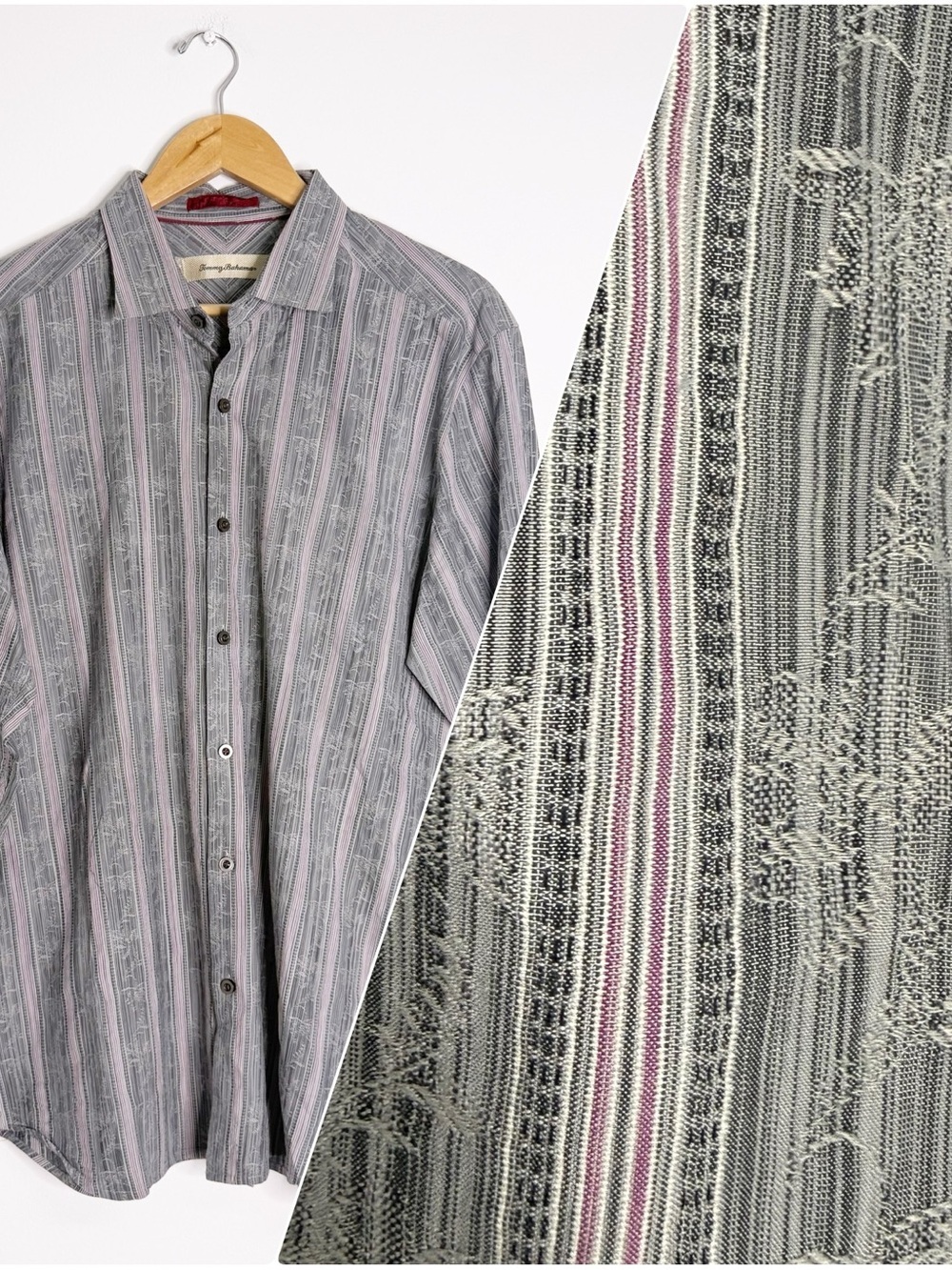 Tommy Bahama Palm Tree Stripe Button Up Shirt Men’s Large Silk Cotton